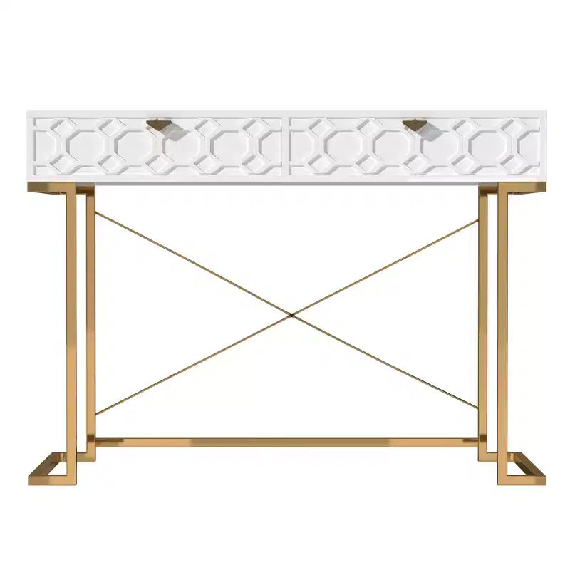42" Modern Console Table Writing Desk with 2 Drawers and Gold Handles