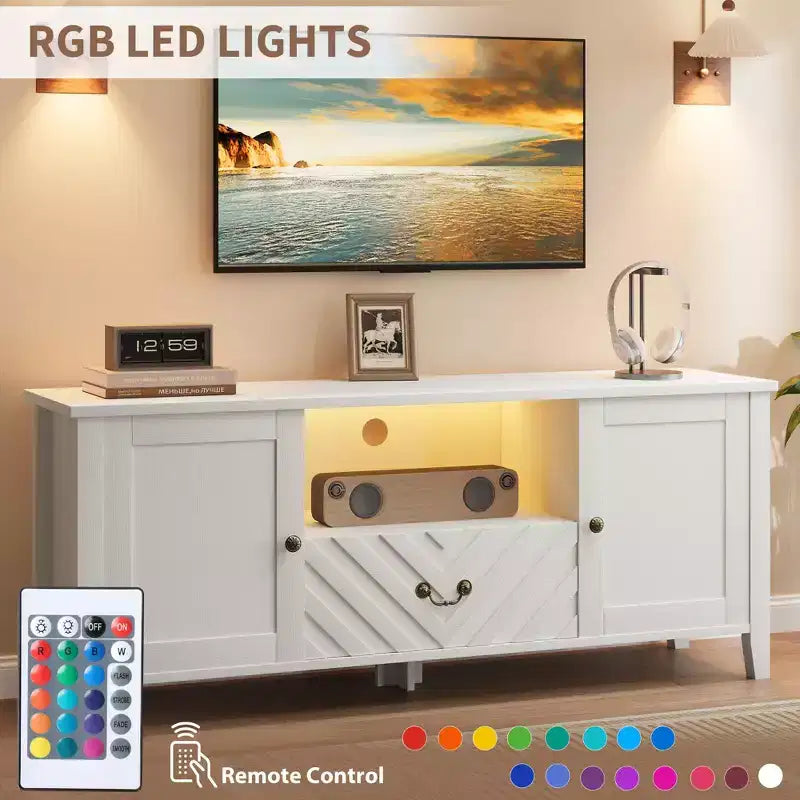 Farmhouse TV Stand for TV up to 70 Inch, Media Console with V-Shaped Pattern Drawer