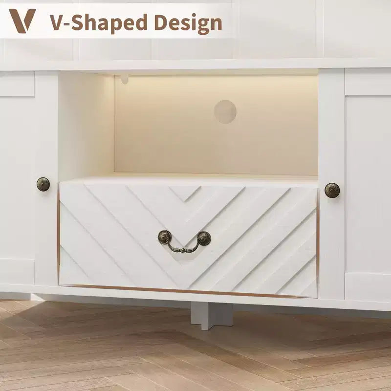 Farmhouse TV Stand for TV up to 70 Inch, Media Console with V-Shaped Pattern Drawer