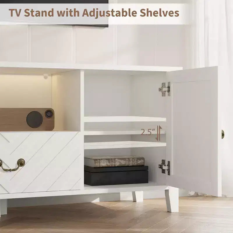 Farmhouse TV Stand for TV up to 70 Inch, Media Console with V-Shaped Pattern Drawer