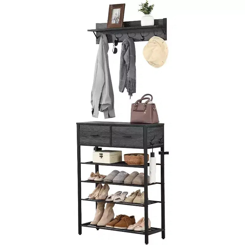 Space-Saving Shoe Rack Organizer, 4-Tier Shelves + 2 Drawers, 31.5 Wide Entryway Storage Unit with Hooks, Modern Design