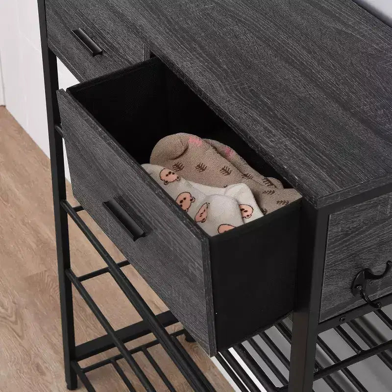 Space-Saving Shoe Rack Organizer, 4-Tier Shelves + 2 Drawers, 31.5 Wide Entryway Storage Unit with Hooks, Modern Design