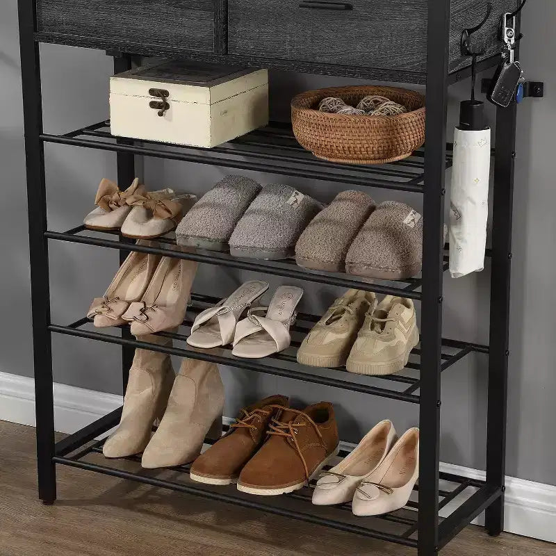 Space-Saving Shoe Rack Organizer, 4-Tier Shelves + 2 Drawers, 31.5 Wide Entryway Storage Unit with Hooks, Modern Design
