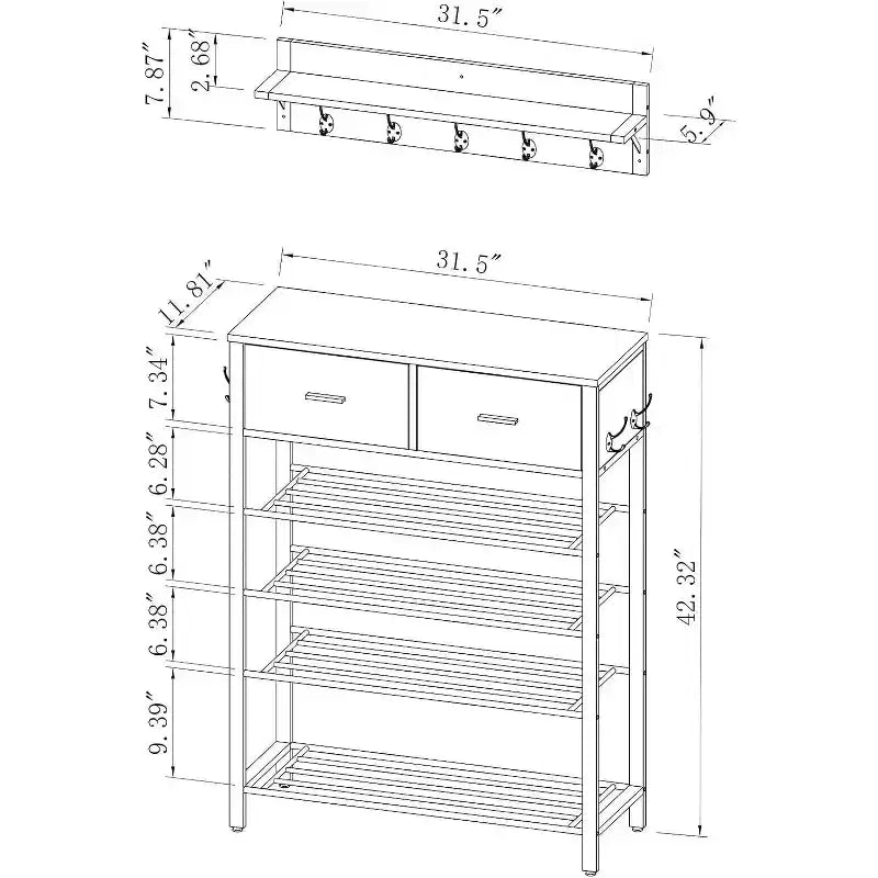 Space-Saving Shoe Rack Organizer, 4-Tier Shelves + 2 Drawers, 31.5 Wide Entryway Storage Unit with Hooks, Modern Design