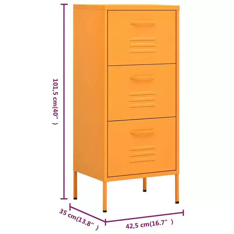 Mustard Yellow Steel Storage Cabinet with 3 Drawers, 16.7"x13.8"x40"