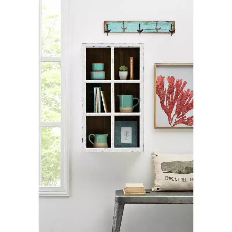 Antique White Wood Wall Cabinet with 3 Shelves and Glass Doors
