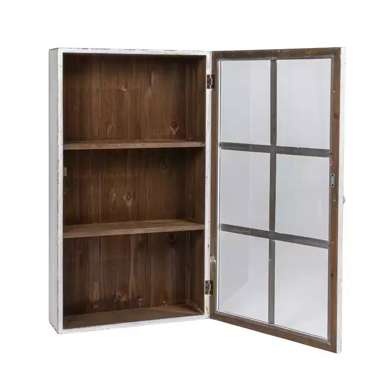 Antique White Wood Wall Cabinet with 3 Shelves and Glass Doors