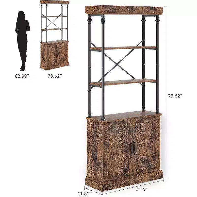 Estantería alta con puertas, estantería industrial de granja de 4 niveles con gabinete, madera y metal, estilo vintage