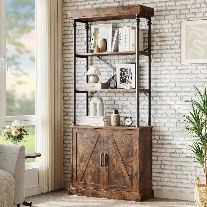 Estantería alta con puertas, estantería industrial de granja de 4 niveles con gabinete, madera y metal, estilo vintage