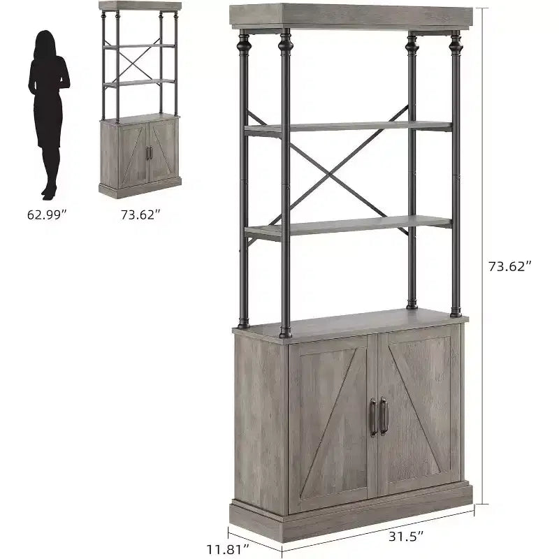 Tall Bookcase with Doors, 4-Tier Industrial Farmhouse Bookshelf with Cabinet, Wood & Metal, Vintage Style