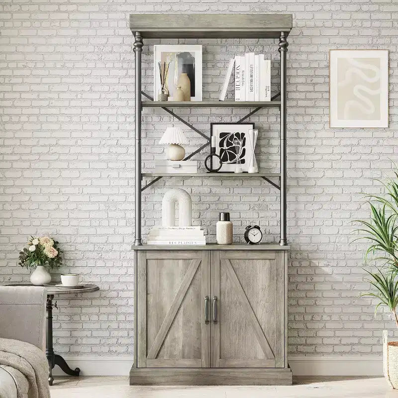 Estantería alta con puertas, estantería industrial de granja de 4 niveles con gabinete, madera y metal, estilo vintage