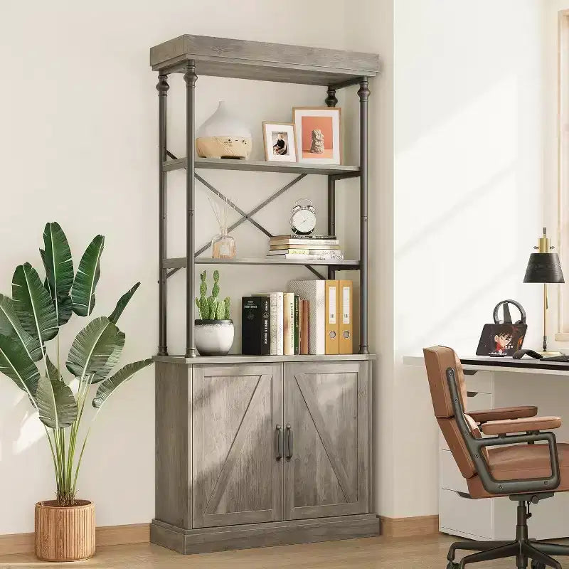 Tall Bookcase with Doors, 4-Tier Industrial Farmhouse Bookshelf with Cabinet, Wood & Metal, Vintage Style