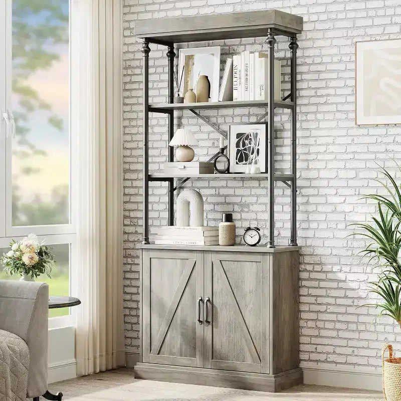 Tall Bookcase with Doors, 4-Tier Industrial Farmhouse Bookshelf with Cabinet, Wood & Metal, Vintage Style