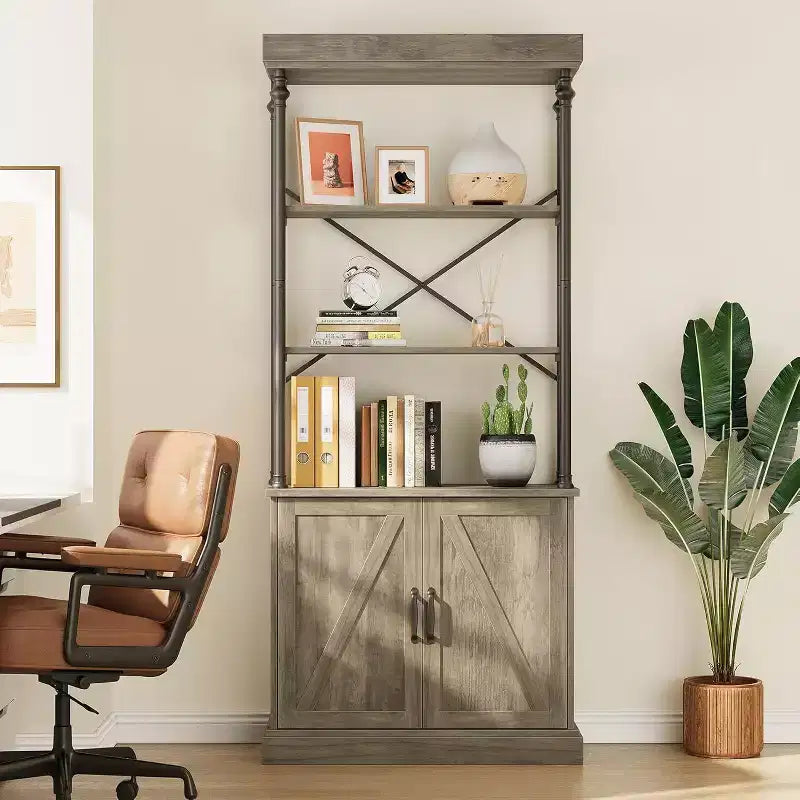 Estantería alta con puertas, estantería industrial de granja de 4 niveles con gabinete, madera y metal, estilo vintage