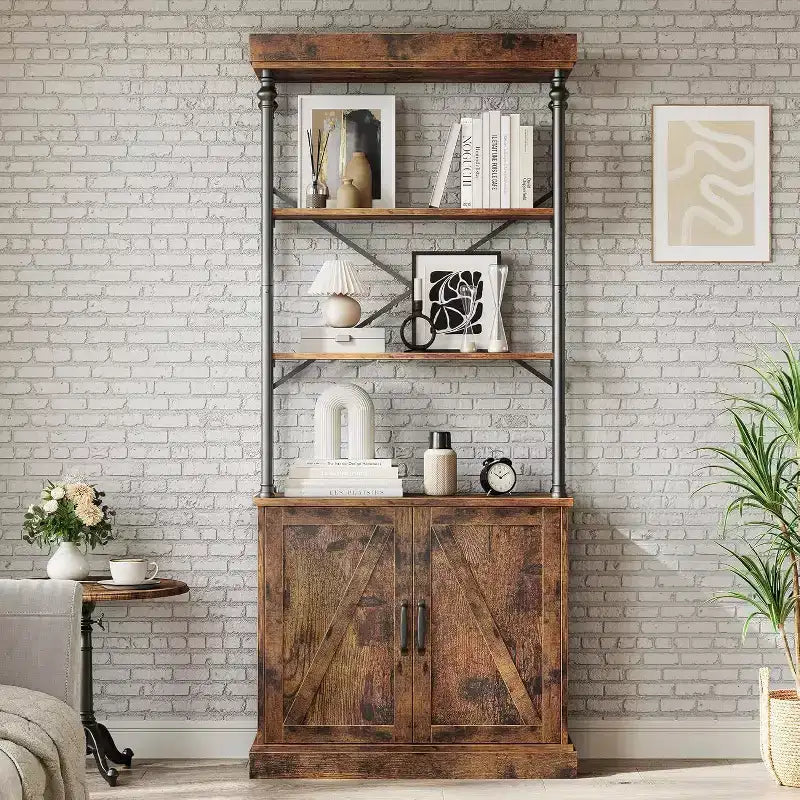 Tall Bookcase with Doors, 4-Tier Industrial Farmhouse Bookshelf with Cabinet, Wood & Metal, Vintage Style