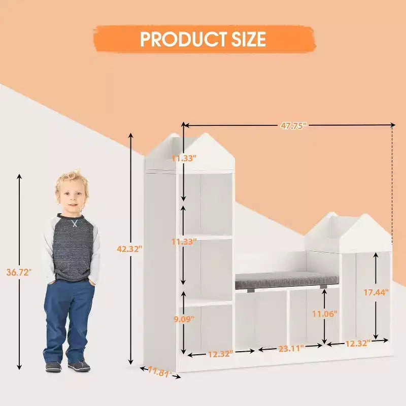 Kids Bookshelf and Storage Bench, 6-Cubby Organizer with Seat Cushion for Playroom, Bedroom, Reading Nook