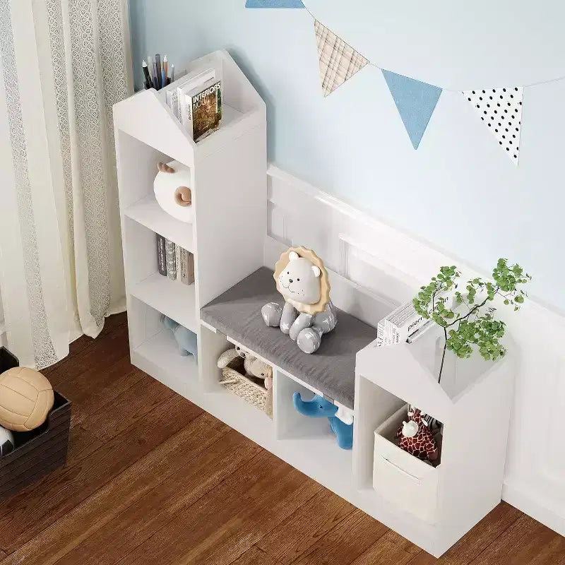 Kids Bookshelf and Storage Bench, 6-Cubby Organizer with Seat Cushion for Playroom, Bedroom, Reading Nook