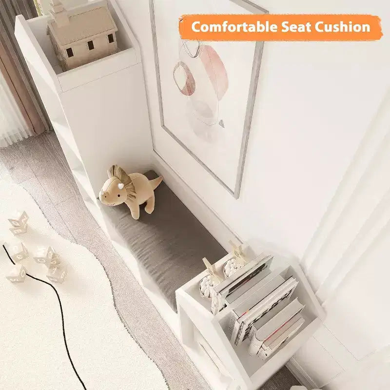 Kids Bookshelf and Storage Bench, 6-Cubby Organizer with Seat Cushion for Playroom, Bedroom, Reading Nook