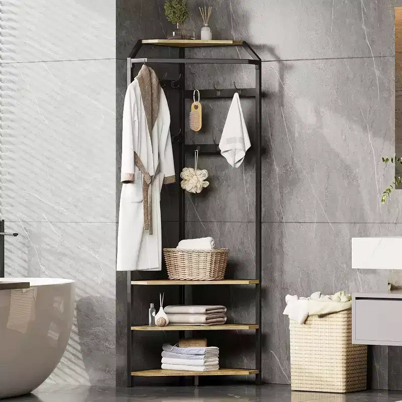 Multi-Level Corner Coat Rack, Entryway Hall Tree with Shoe Storage & 12 Hooks, 3-Tier Shelves for Compact Spaces in Bedroom/Living Room