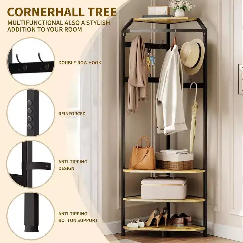 Multi-Level Corner Coat Rack, Entryway Hall Tree with Shoe Storage & 12 Hooks, 3-Tier Shelves for Compact Spaces in Bedroom/Living Room