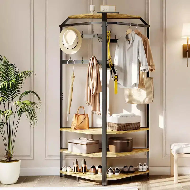 Multi-Level Corner Coat Rack, Entryway Hall Tree with Shoe Storage & 12 Hooks, 3-Tier Shelves for Compact Spaces in Bedroom/Living Room