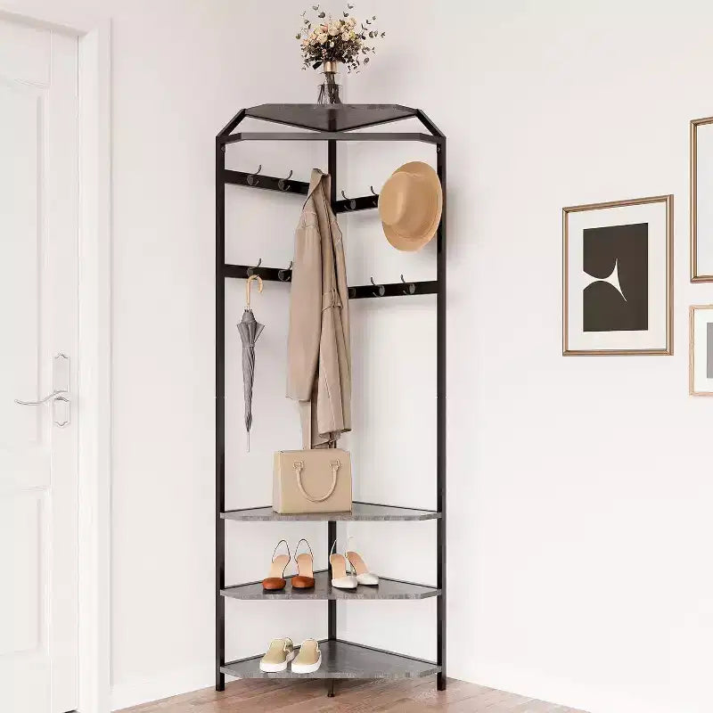 Multi-Level Corner Coat Rack, Entryway Hall Tree with Shoe Storage & 12 Hooks, 3-Tier Shelves for Compact Spaces in Bedroom/Living Room