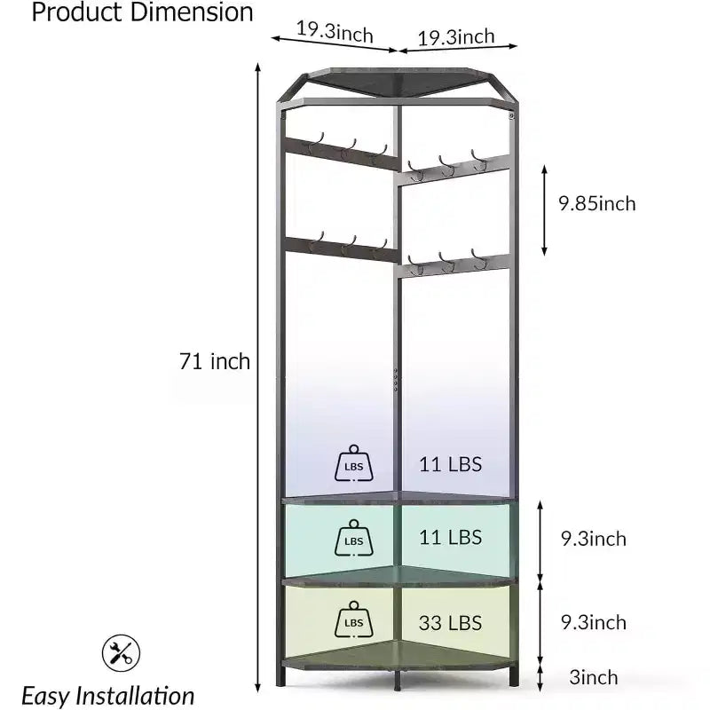 Multi-Level Corner Coat Rack, Entryway Hall Tree with Shoe Storage & 12 Hooks, 3-Tier Shelves for Compact Spaces in Bedroom/Living Room