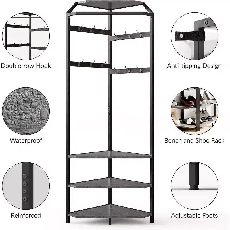 Multi-Level Corner Coat Rack, Entryway Hall Tree with Shoe Storage & 12 Hooks, 3-Tier Shelves for Compact Spaces in Bedroom/Living Room