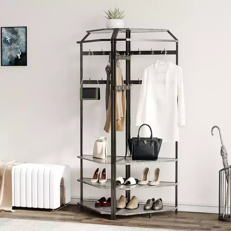 Multi-Level Corner Coat Rack, Entryway Hall Tree with Shoe Storage & 12 Hooks, 3-Tier Shelves for Compact Spaces in Bedroom/Living Room