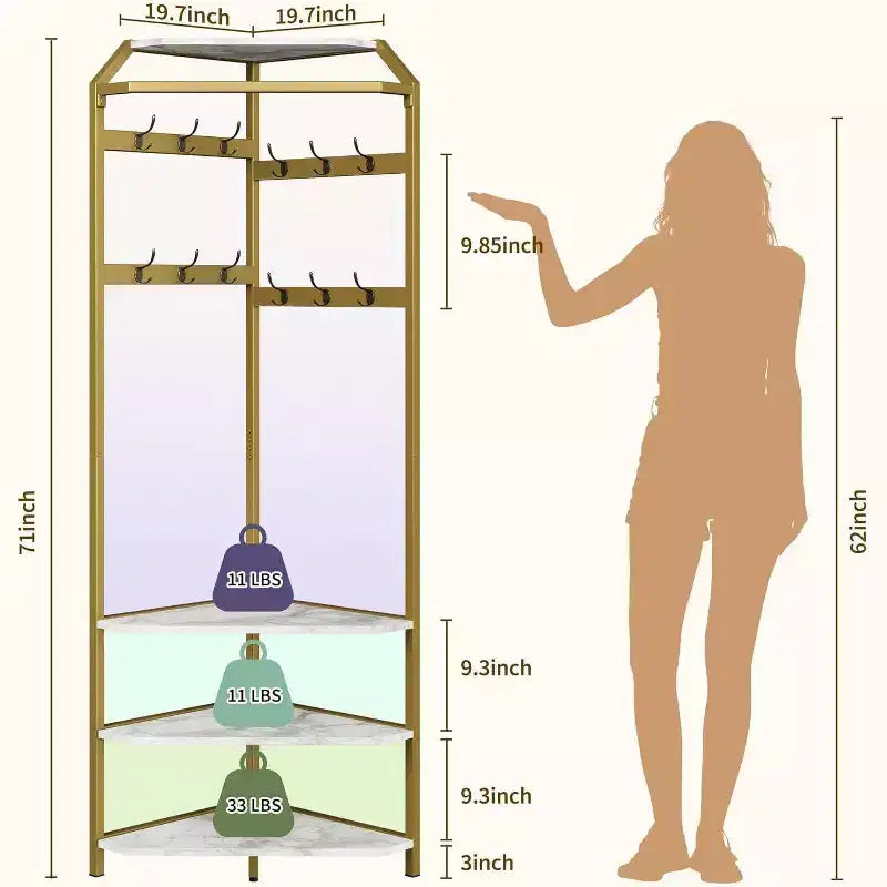 Multi-Level Corner Coat Rack, Entryway Hall Tree with Shoe Storage & 12 Hooks, 3-Tier Shelves for Compact Spaces in Bedroom/Living Room