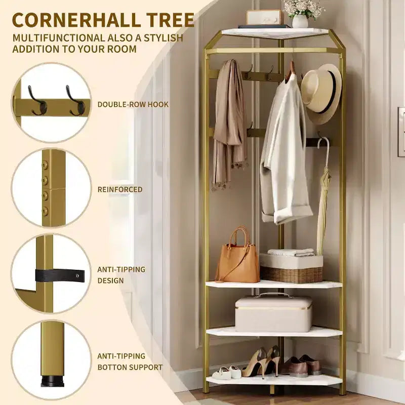 Multi-Level Corner Coat Rack, Entryway Hall Tree with Shoe Storage & 12 Hooks, 3-Tier Shelves for Compact Spaces in Bedroom/Living Room