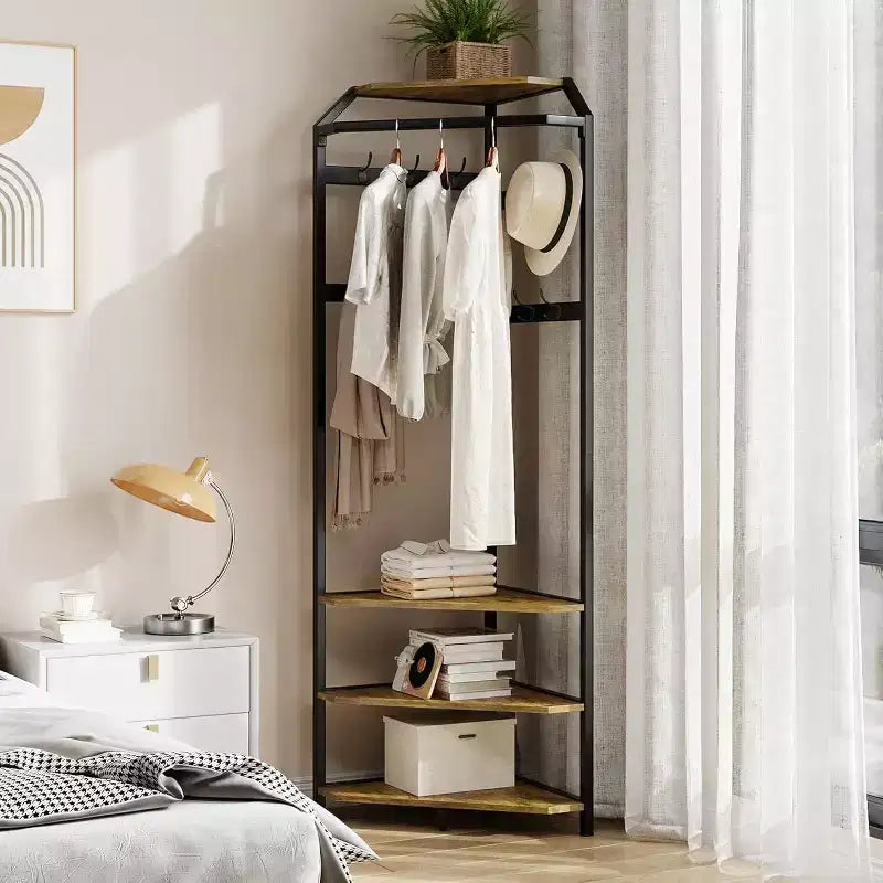 Multi-Level Corner Coat Rack, Entryway Hall Tree with Shoe Storage & 12 Hooks, 3-Tier Shelves for Compact Spaces in Bedroom/Living Room