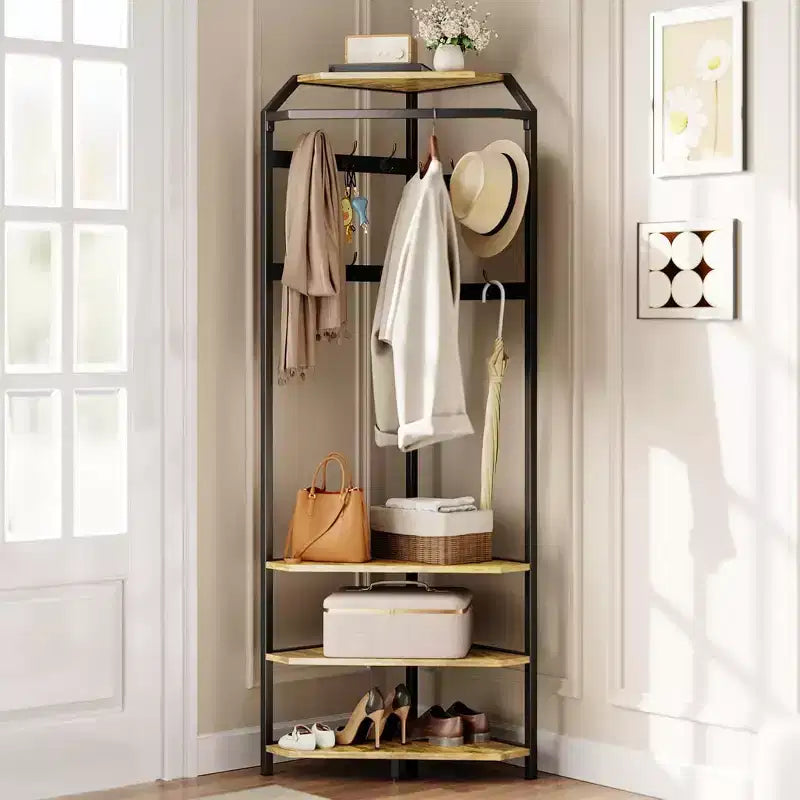 Multi-Level Corner Coat Rack, Entryway Hall Tree with Shoe Storage & 12 Hooks, 3-Tier Shelves for Compact Spaces in Bedroom/Living Room