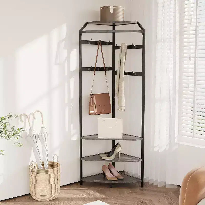 Multi-Level Corner Coat Rack, Entryway Hall Tree with Shoe Storage & 12 Hooks, 3-Tier Shelves for Compact Spaces in Bedroom/Living Room