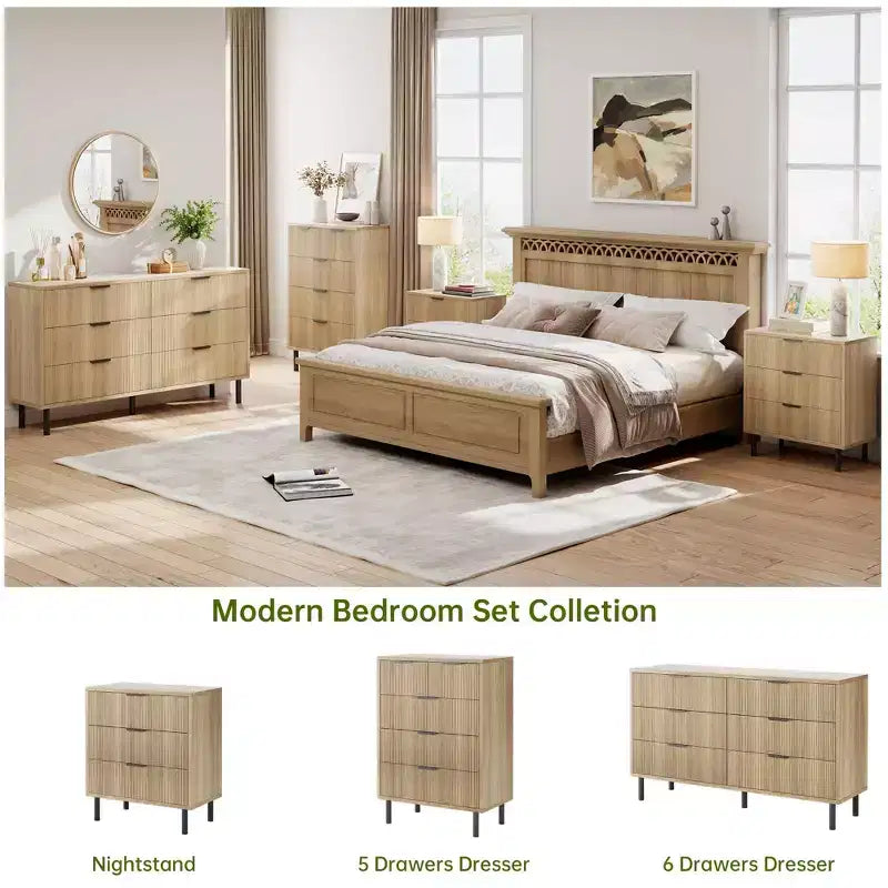 Wave Fluted 5 Drawer Dresser for Bedroom, Modern Wood Chest of Drawers with Wide Drawers, Closet Dresser Organizer