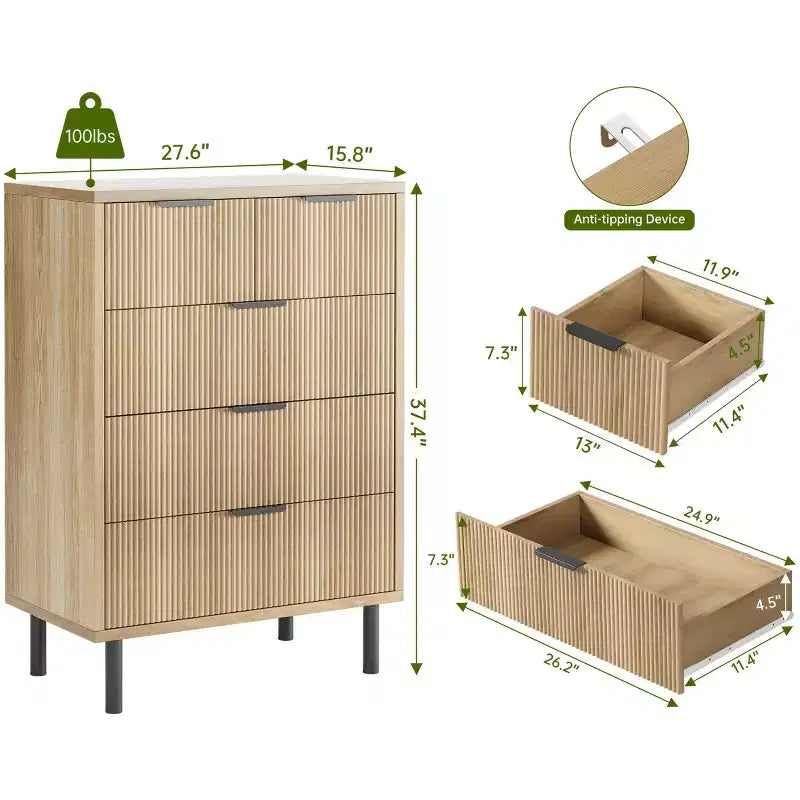 Wave Fluted 5 Drawer Dresser for Bedroom, Modern Wood Chest of Drawers with Wide Drawers, Closet Dresser Organizer