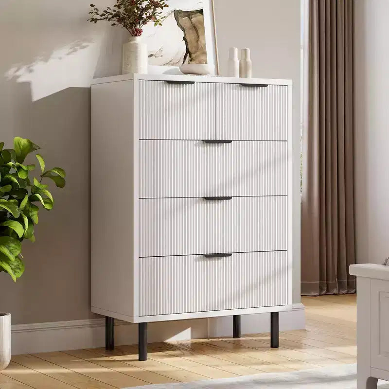 Wave Fluted 5 Drawer Dresser for Bedroom, Modern Wood Chest of Drawers with Wide Drawers, Closet Dresser Organizer