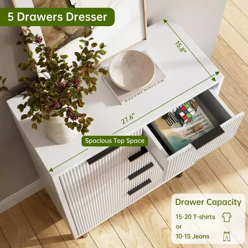 Wave Fluted 5 Drawer Dresser for Bedroom, Modern Wood Chest of Drawers with Wide Drawers, Closet Dresser Organizer