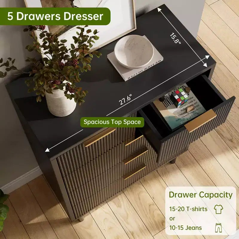 Wave Fluted 5 Drawer Dresser for Bedroom, Modern Wood Chest of Drawers with Wide Drawers, Closet Dresser Organizer