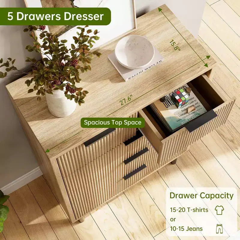 Wave Fluted 5 Drawer Dresser for Bedroom, Modern Wood Chest of Drawers with Wide Drawers, Closet Dresser Organizer
