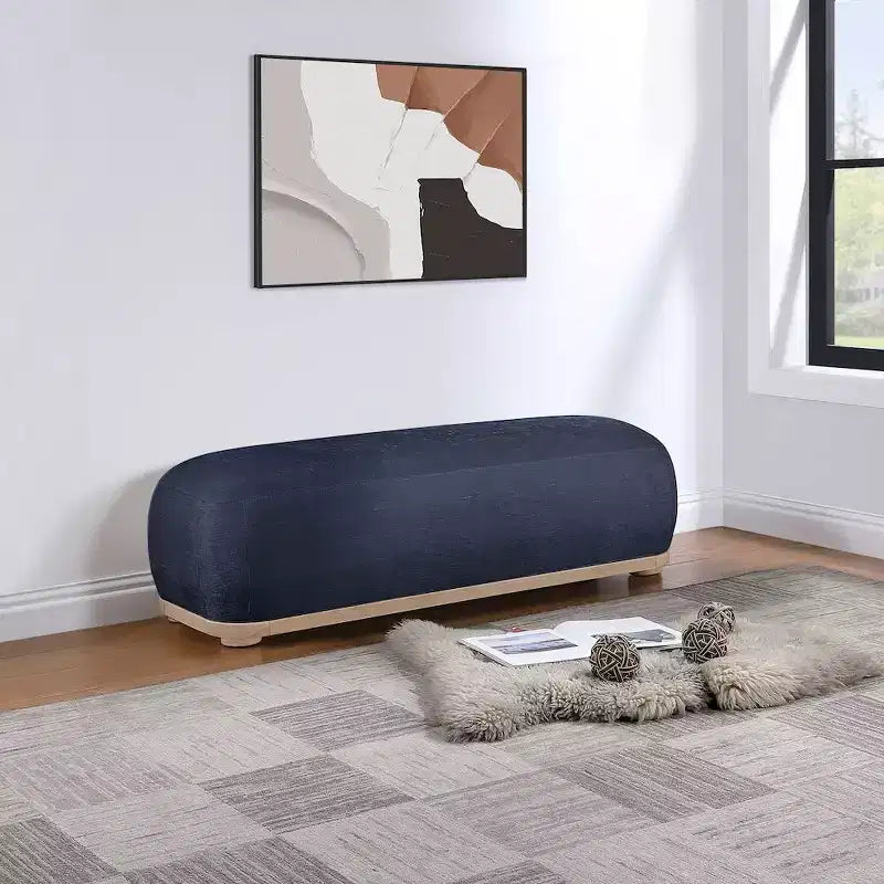 Chenille Fabric Upholstered Bench, Mid-Century Modern Style, 60"W
