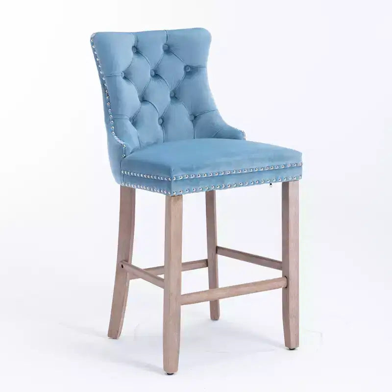 Set of 2 Contemporary Velvet Upholstered Barstools with Button Tufted Back, Wooden Legs & Chrome Nailhead Trim