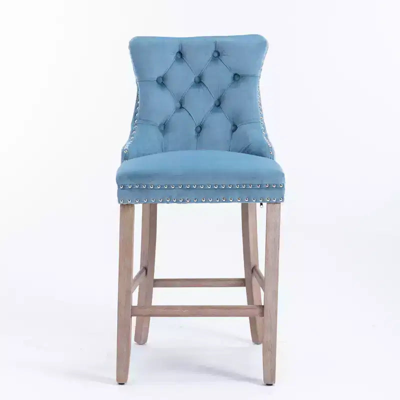 Set of 2 Contemporary Velvet Upholstered Barstools with Button Tufted Back, Wooden Legs & Chrome Nailhead Trim
