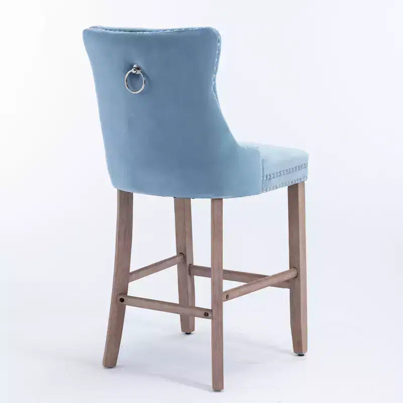 Set of 2 Contemporary Velvet Upholstered Barstools with Button Tufted Back, Wooden Legs & Chrome Nailhead Trim