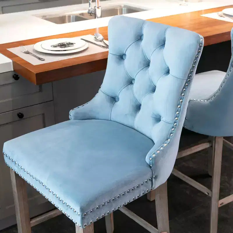 Set of 2 Contemporary Velvet Upholstered Barstools with Button Tufted Back, Wooden Legs & Chrome Nailhead Trim