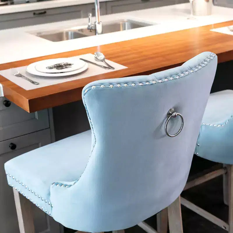 Set of 2 Contemporary Velvet Upholstered Barstools with Button Tufted Back, Wooden Legs & Chrome Nailhead Trim