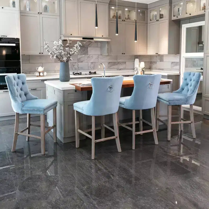 Set of 2 Contemporary Velvet Upholstered Barstools with Button Tufted Back, Wooden Legs & Chrome Nailhead Trim