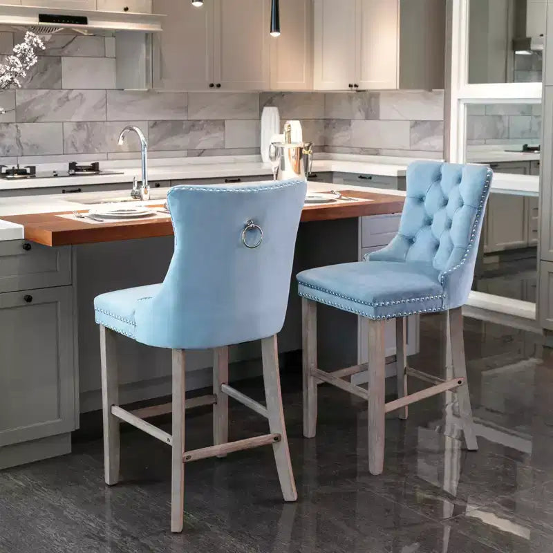 Set of 2 Contemporary Velvet Upholstered Barstools with Button Tufted Back, Wooden Legs & Chrome Nailhead Trim