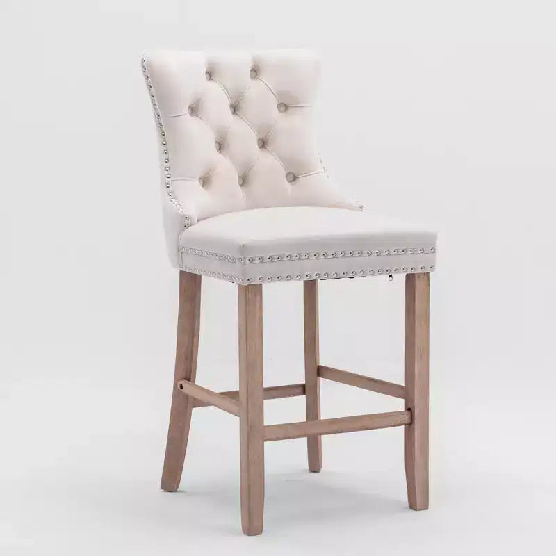 Set of 2 Contemporary Velvet Upholstered Barstools with Button Tufted Back, Wooden Legs & Chrome Nailhead Trim