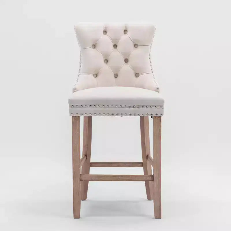 Set of 2 Contemporary Velvet Upholstered Barstools with Button Tufted Back, Wooden Legs & Chrome Nailhead Trim